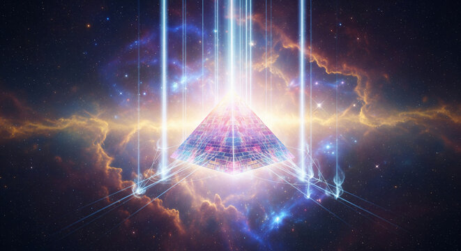 Luminous Pyramid Floating Inside Glowing Nebula Symbolizing Ascension Divine Wisdom and Higher Truth JPG - Powered by Adobe