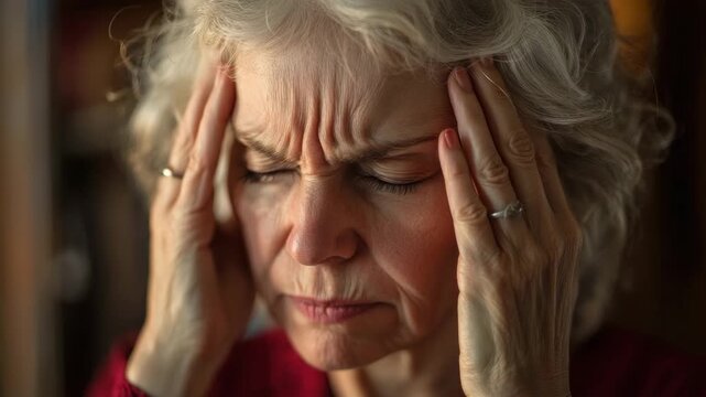 Woman holding her head in distress while experiencing a headache in a cozy indoor setting during the evening