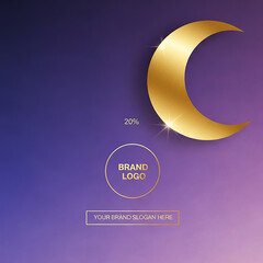 Luxury ramadan kareem graphic template for marketing advertisement design with golden crescent moon brand logo and slogan on purple gradient backdrop