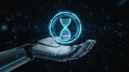 A robotic hand holding a glowing dna hologram showing futuristic medical innovation, medical robotics and cyber physical healthcare concept, cyber physical systems