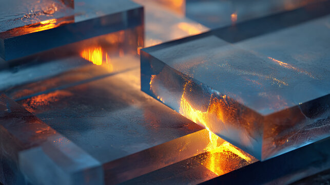 Abstract close-up of luminous glass blocks showcasing geometric shapes and internal light