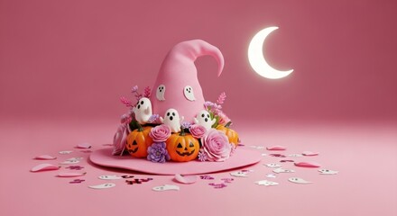 A pink witch hat adorned with pumpkins, ghosts, and roses on a pink background with a crescent moon.