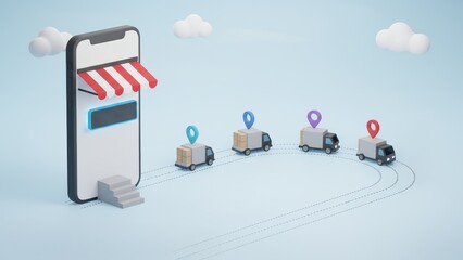 A smartphone store with trucks and location pins showing fast digital delivery, supply chain visibility and real time tracking concept, cyber physical systems