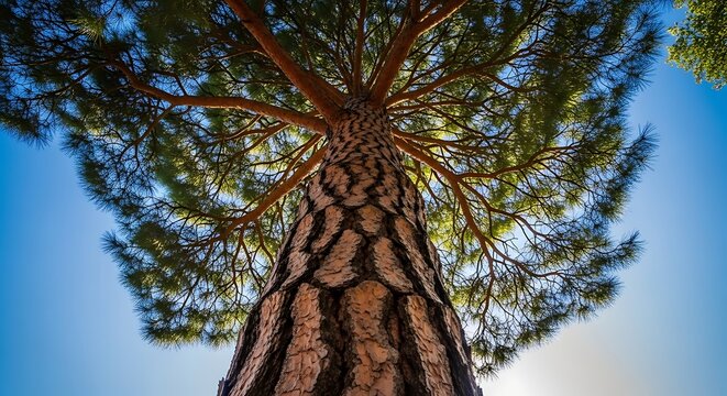 Looking up through pine tree branches to blue sky - Powered by Adobe