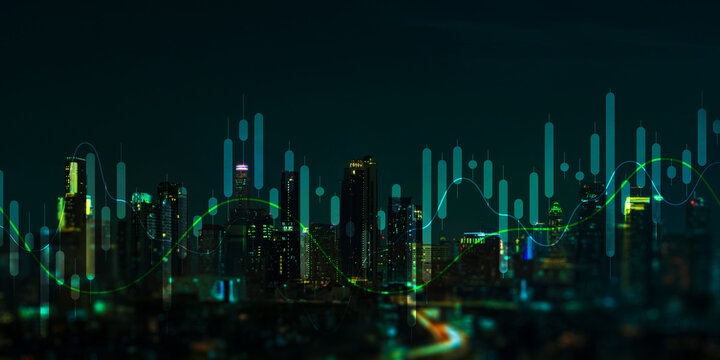 Smart City Night Skyline with Digital Stock Market Data and AI Financial Analytics.