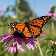 Naklejka premium Monarch Butterfly on Purple Coneflower in Summer Garden.