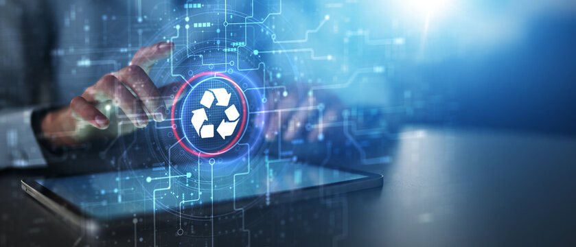 Recycling and Sustainable Technology Innovation Illustrated on Futuristic Digital Interface.