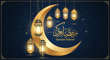 Ramadan mubarak background with crescent moon and islamic lanterns arabic traditional holy month celebration card advertisement banner design