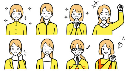 喜んでいる顔の若い女性のイラストセット