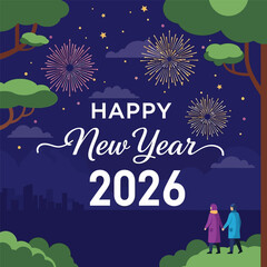 Fototapeta premium A couple is watching fireworks at night in a city, celebrate happy new year, vector illustration design