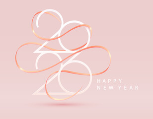 Happy New Years 2026. Greeting card with date and golden ribbon on beige background. Festive numbering design.