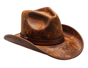 Textured brown leather cowboy hat with detailed stitching and band