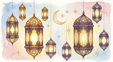 Watercolor Ramadan Lanterns and Crescent Moon Decoration for Muslim Holidays Celebration with Stars on Soft Pastel Background Wallpaper