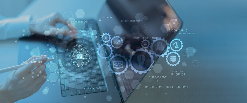 Artificial Intelligence and Automation Workflow System Illustrated on a Digital Tablet Interface.