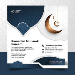 Ramadan Mubarak Kareem Islamic Social Media Post Template with Crescent Moon and Stars on Blue Background