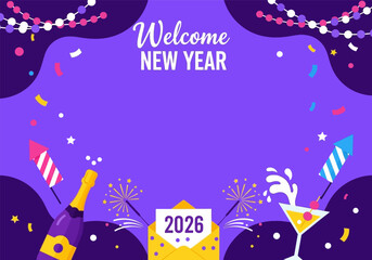 Happy new year celebration with party decoration, vector art illustration, and fireworks