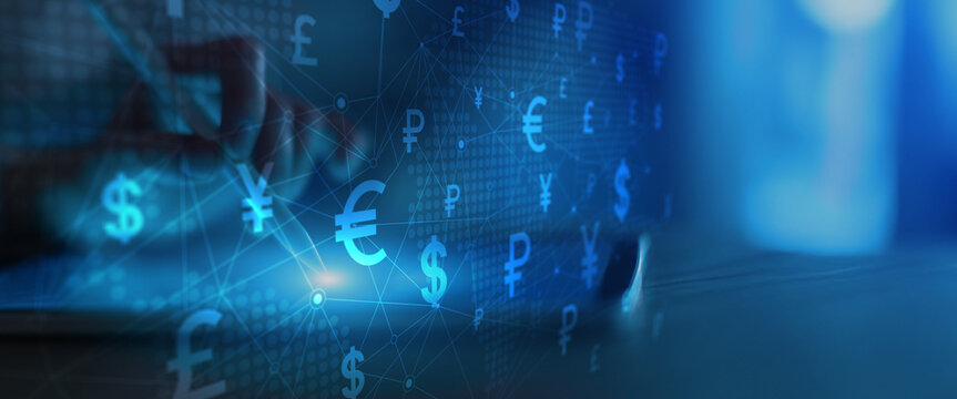 Global Currency Symbols Network Interface on Digital Tablet in Financial Technology Environment.