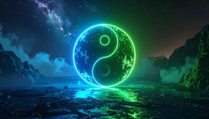 Luminous Yin-Yang symbol levitates above a rocky landscape, set against a celestial, starry background
