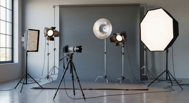 Professional photography studio setup showcasing camera and lighting equipment for creative projects