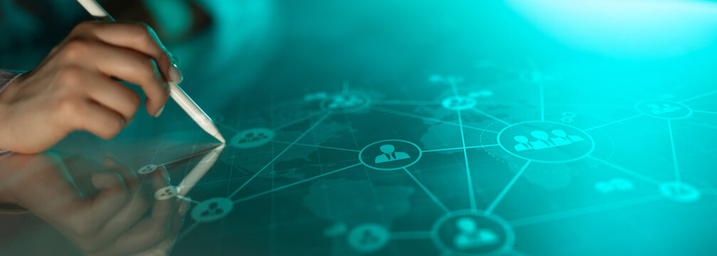 Global Business Networking and Communication Visualized on a Futuristic Digital Interface. - Powered by Adobe