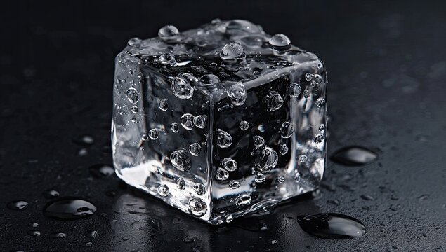 A close-up, wet, translucent ice cube with internal bubbles on a dark, reflective surface