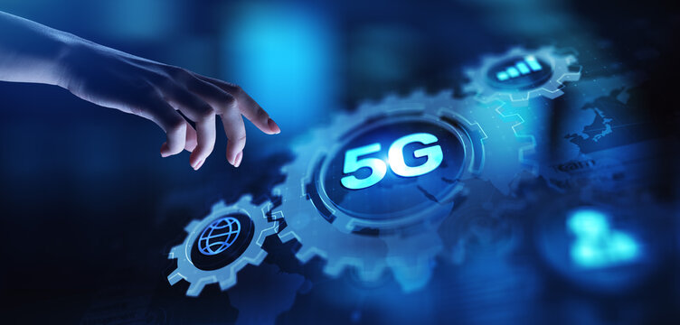 5G Fifth generation of mobile internet. Fast connection. Telecommunication concept on virtual screen.