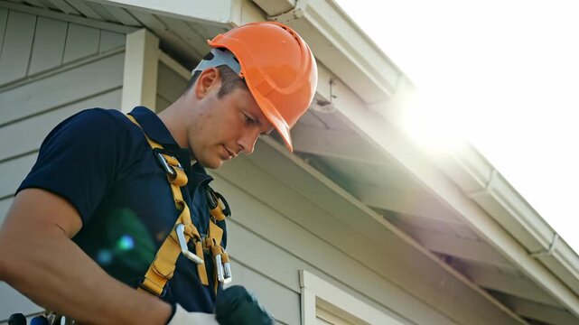 builder install gutter on roof. worker secure while wearing harness and hardhat. toolbelt visible. exterior repair during daytime. inspection and maintenance planned next. safety protocol followed.