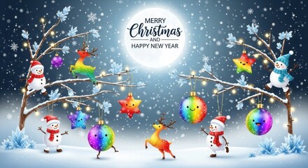 Christmas tree with snowmen, reindeer, and colorful ornaments in a snowy landscape.