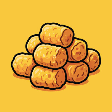 A cartoon illustration of a pile of golden crispy tater tots on a yellow background.