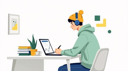An illustration of a man in a green hoodie and yellow beanie with headphones, working at a desk—taking notes on a laptop with a graph, surrounded by books, a potted plant, a coffee cup.