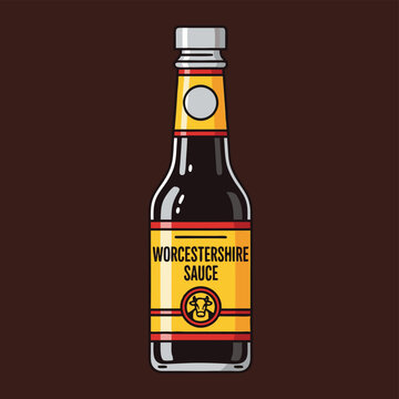A cartoon illustration of a bottle of Worcestershire sauce with a yellow label on a dark background.