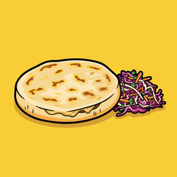 Cartoon illustration of a golden-brown pupusa served with a side of purple and green curtido on a yellow background.
