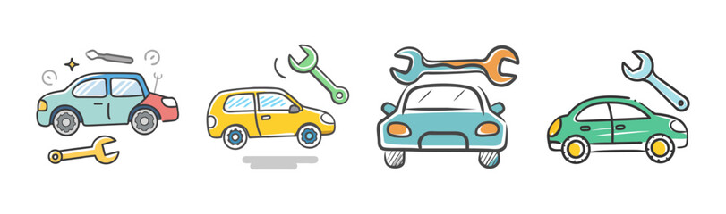 Doodle cars with wrenches for automotive repair and maintenance
