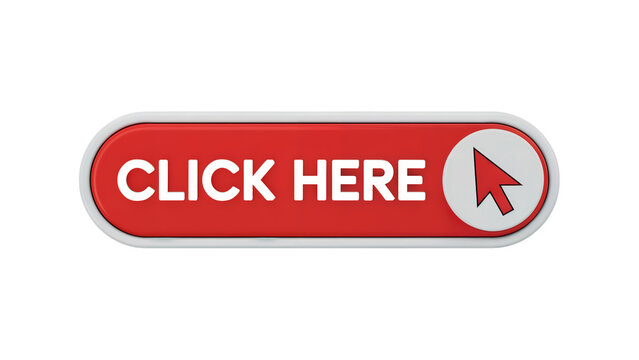 Actionable red button with white text CLICK HERE and cursor icon prompts immediate engagement and online interaction for digital campaigns isolated on white or transparent png. - Powered by Adobe
