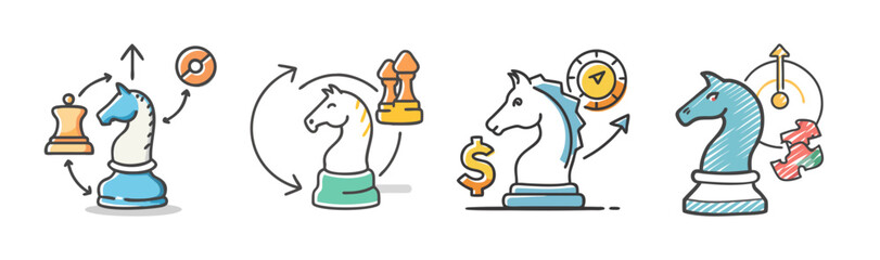 Business strategy concepts with chess knights, finance and growth.