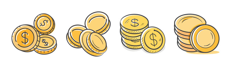 Hand drawn dollar coins stack illustration for finance concepts.