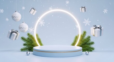Blue pedestal creates a modern product display, surrounded by festive white gifts, sparkling ornaments, falling snowflakes, and glowing neon light for winter promotions