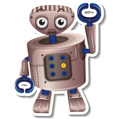 Charming Robotic Character With Expressive Eyes and Metallic Body Standing With One Arm Raised In A Friendly Pose Against A Transparent Background