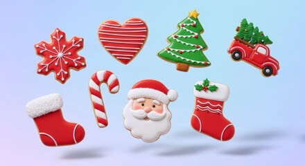 Delightful holiday gingerbread cookies, featuring classic Santa, vibrant trees, and festive snowflakes, joyfully float on a dreamy pastel backdrop, celebrating sweet Christmas magic