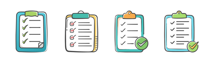 Hand drawn clipboard checklist icons set for task management concepts.