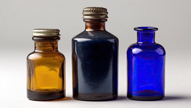Three small antique glass bottles, amber, dark blue, and cobalt, with metal screw-on caps
