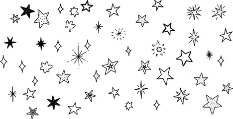 hand drawn star icons, whimsical star doodles, cartoon star vector, abstract star shapes, decorative sketch stars, black star illustration