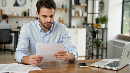 Focused young businessman reading documents at wooden desk in modern office interior, surrounded by laptop, papers, and smartphone. Professional workplace, business concept. - Powered by Adobe