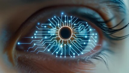 Close-up view of an eye infused with glowing circuit patterns, symbolizing the integration of artificial intelligence in human vision