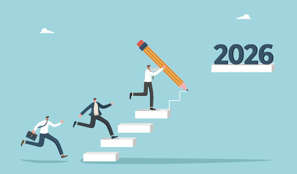 Development of new business projects in the coming year, teamwork to achieve heights in 2026, planning business strategies, collaboration for great success, leader draws steps to 2026 for employees.