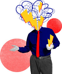 Businessman with lightning bolt chaotic head in surreal collage on transparent background. Concept...