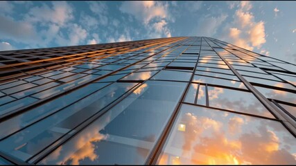 Aspirational modern corporate office building with glass architecture showing hopeful sunset sky reflection, symbolizing future of success