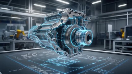 Complex engine part design hologram floating over blueprint being projected in augmented reality, showcasing innovative automotive engineering and futuristic manufacturing process  - Powered by Adobe