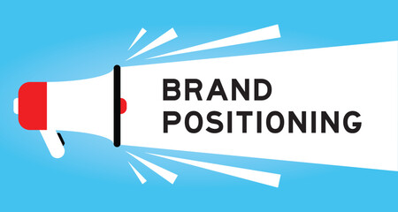 Color megaphone icon with word brand positioning in white banner on blue background