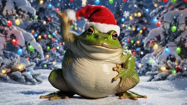 Frog celebrating Christmas in snowy with festive lights